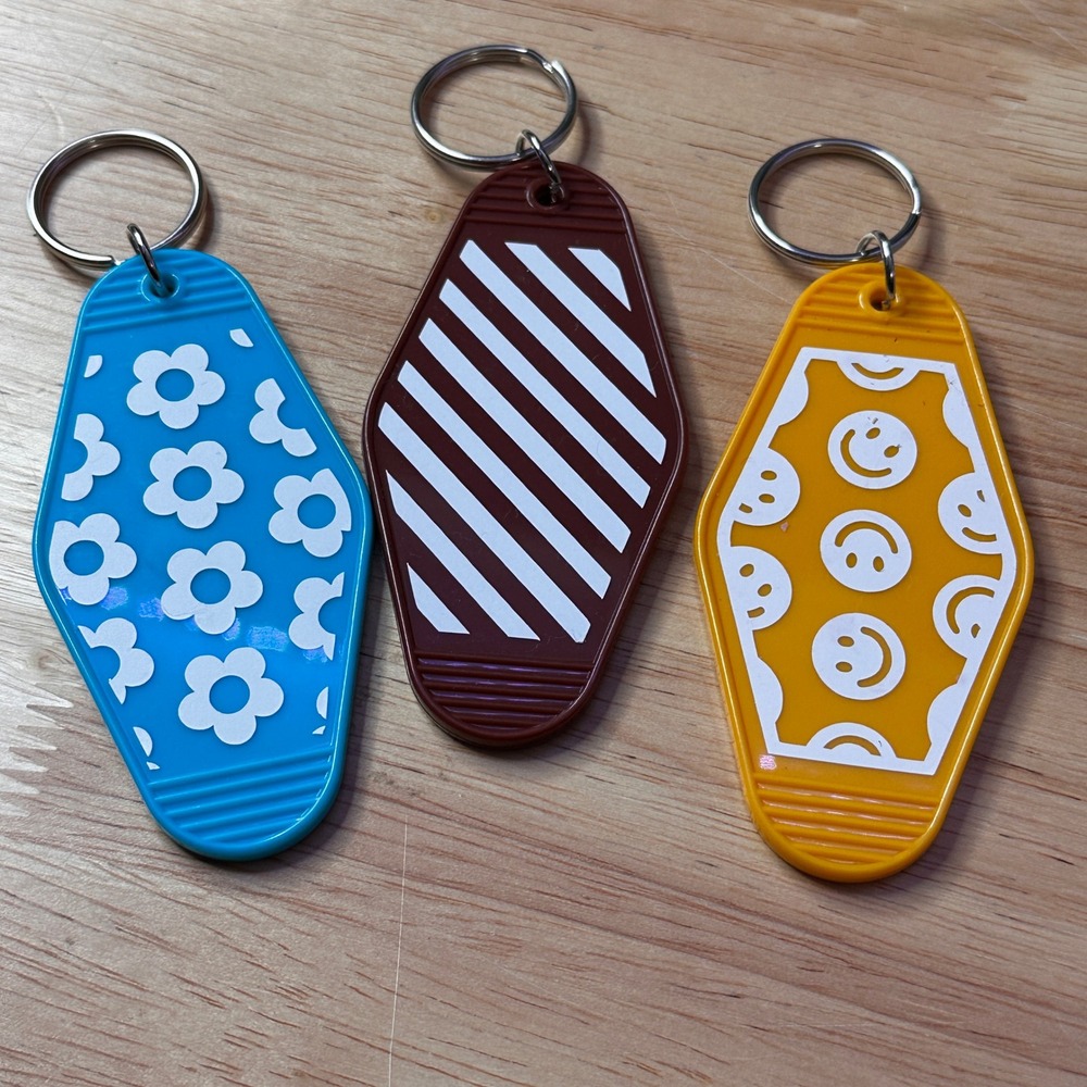 Retro Motel Keychain Set 3pc Blue Daisy Yellow Smiley Stripe Vintage Style